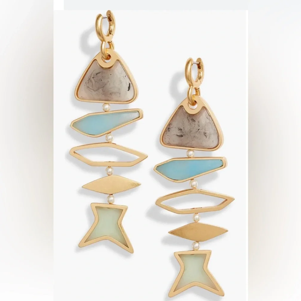 NWT! Tory Burch Gold Geometric Fish Drop Swarovski Pearls Dangle Earrings - Picture 5 of 5